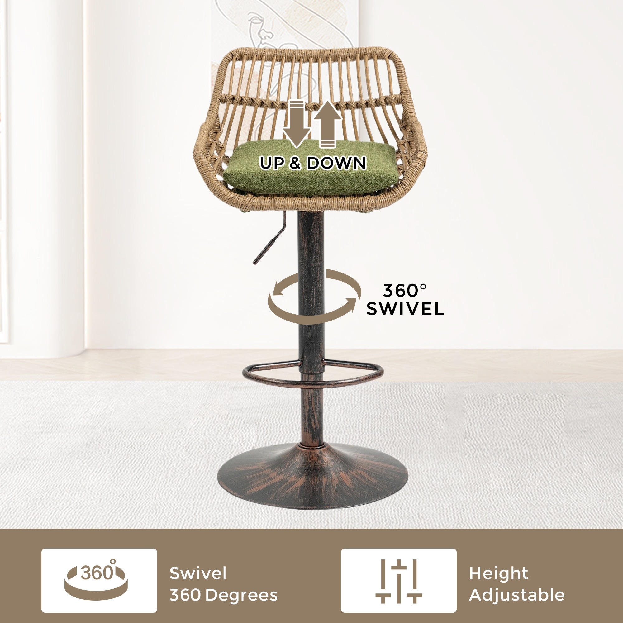 Modern Swivel Bar Stools Set of 2 Adjustable Counter Height Chairs with Footrest for Kitchen, Dining Room