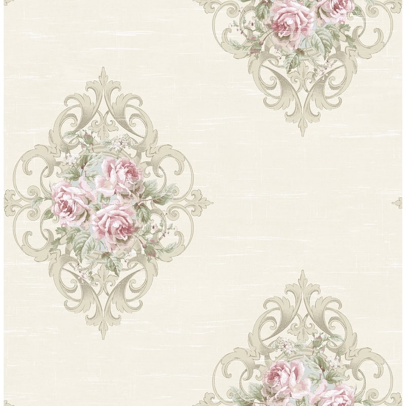 Seabrook Designs Creswell Floral Cameo Unpasted Wallpaper - 20.5 in. W x 33 ft. L - Metallic Alabaster & Petal Pink