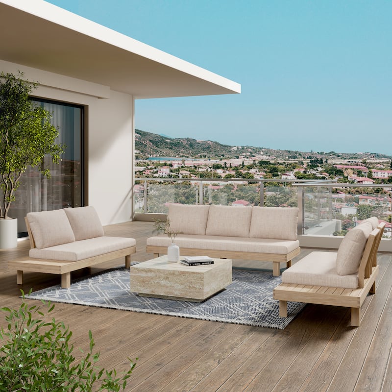 Christopher Knight Home - Topia Mid-Century Outdoor Sectional Sofa Set with Coffee Table and Water-Resistant Cushions - 3 Piece - Light White