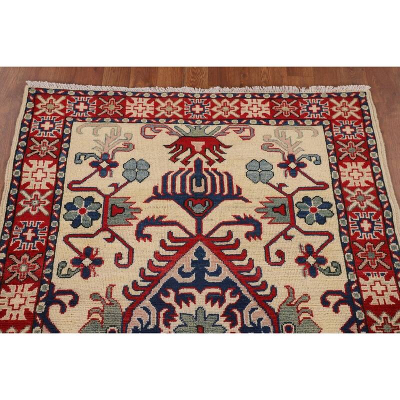 Geometric Kazak Accent Rug Hand-Knotted Foyer Wool Carpet - 3'5" x 4'10"