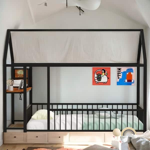 slide 2 of 36, Twin Size Metal Bed Frame with Desk, House Bed with Shelves and USB Ports Black