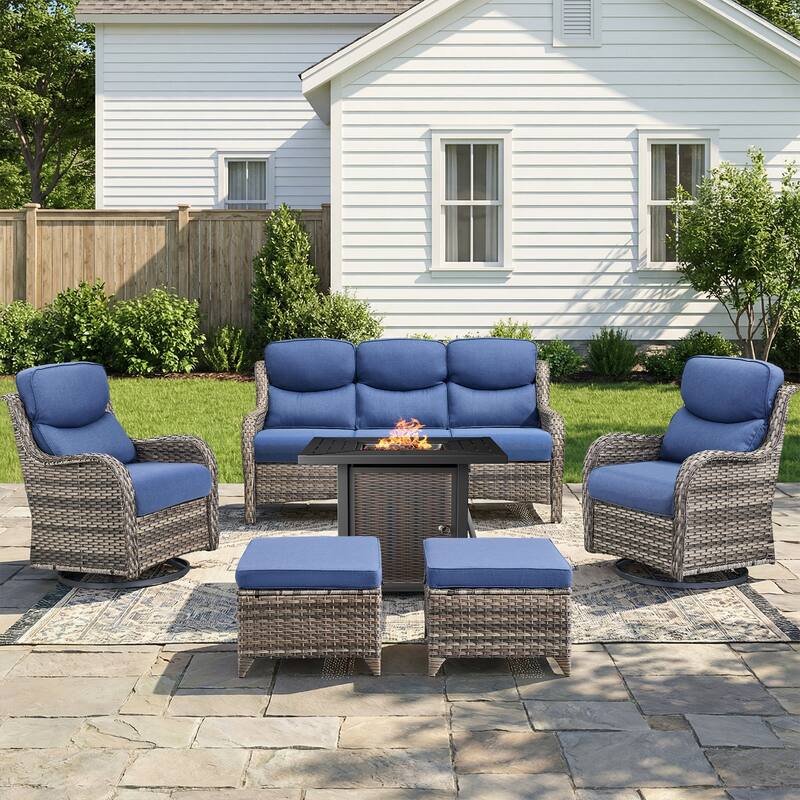 Pocassy 30 In Outdoor Fire Pits with Patio Sofa Swivel Glider Chari Furniture. - Gray Wicker Blue Cushion - 6-Piece Sofa Swivel Chair Ottoman w/ Fie Table