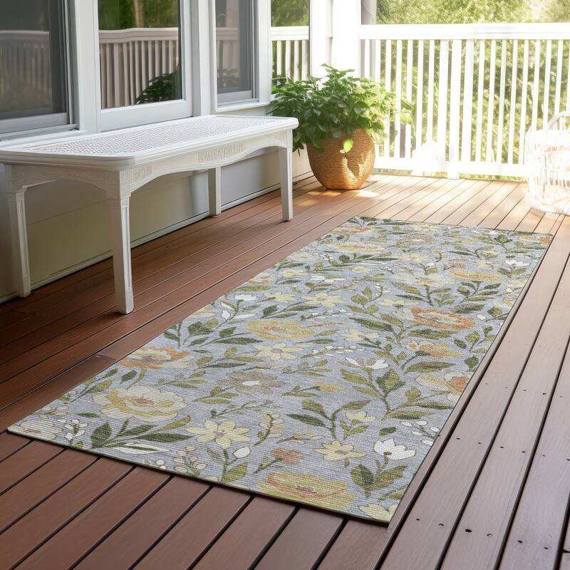 Machine Washable Indoor/ Outdoor Floral Garden Chantille Rug - Gray - 2'3" x 7'6"
