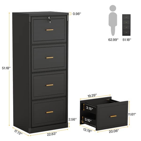 dimension image slide 5 of 6, 4 Drawer Wood File Cabinet with Lock for Home Office