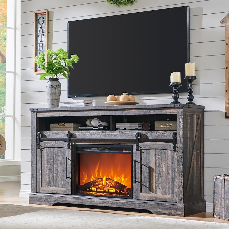 Farmhouse Fireplace TV Stand, Entertainment Center w/ Arched Door - Dark Rustic Oak