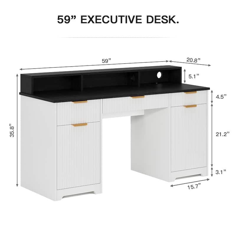 Pocassy Fluted Office Desk with Power Outlets Long Monitor Stand