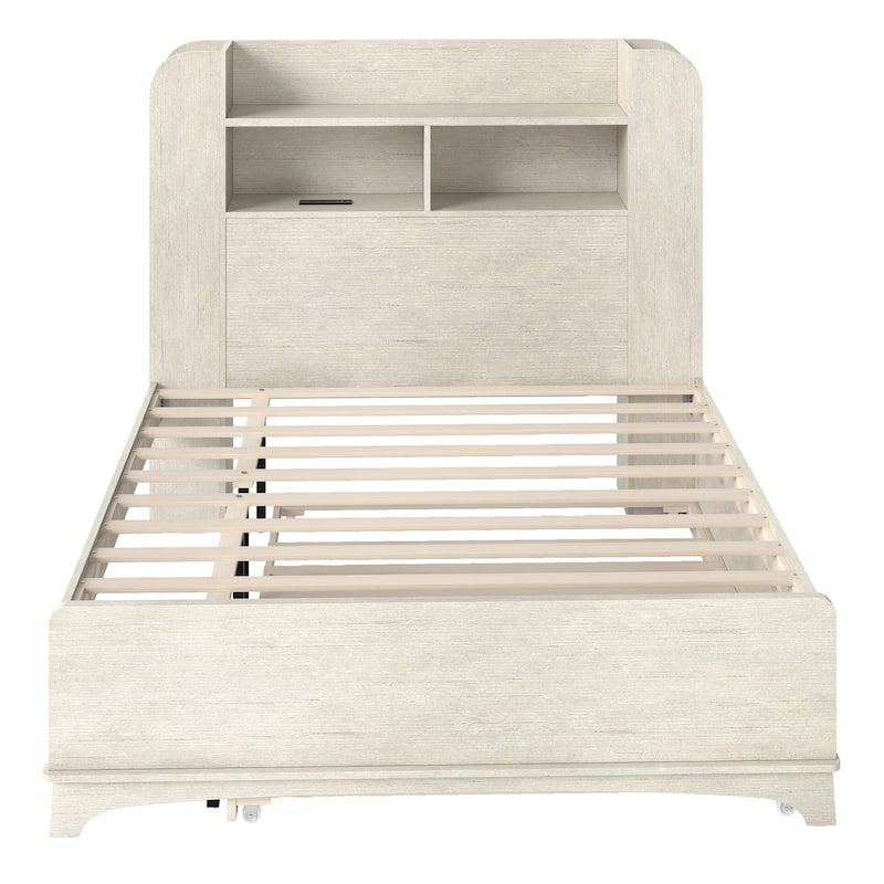 Bed with Trundle, Twin Size Bed Frame with Bookcase Daybed Storage Headboard and Charging Station & RGB LED Lights Bed