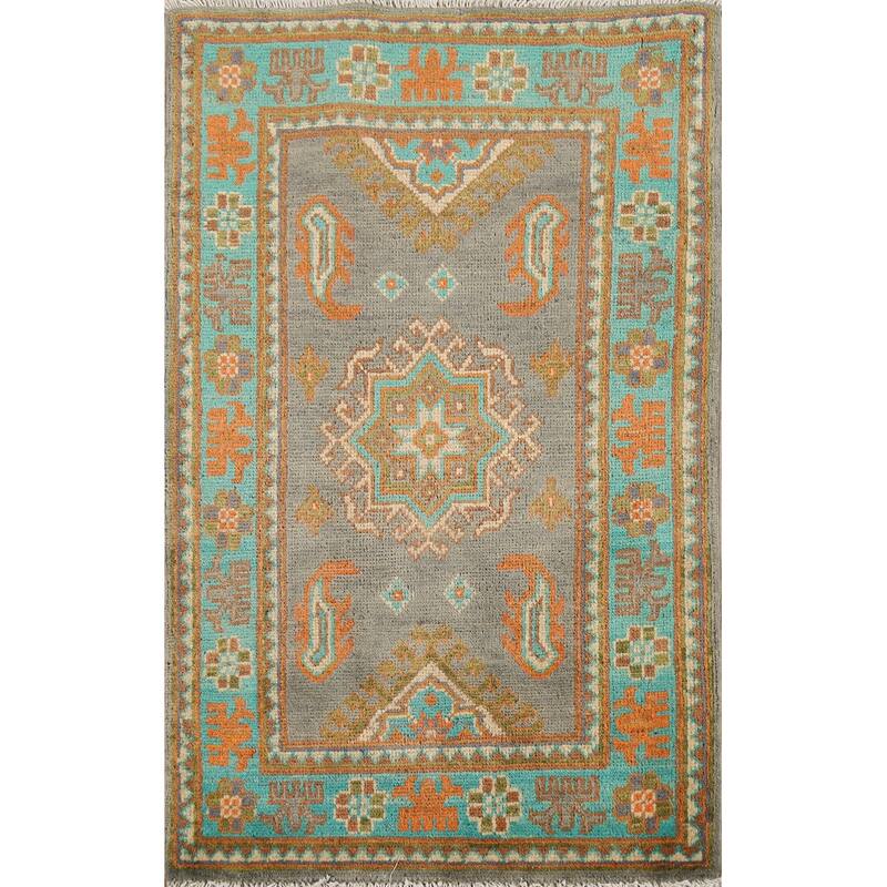Gray Geometric Kazak Accent Rug Hand-Knotted Geometric Wool Carpet - 2'1"x 2'10"