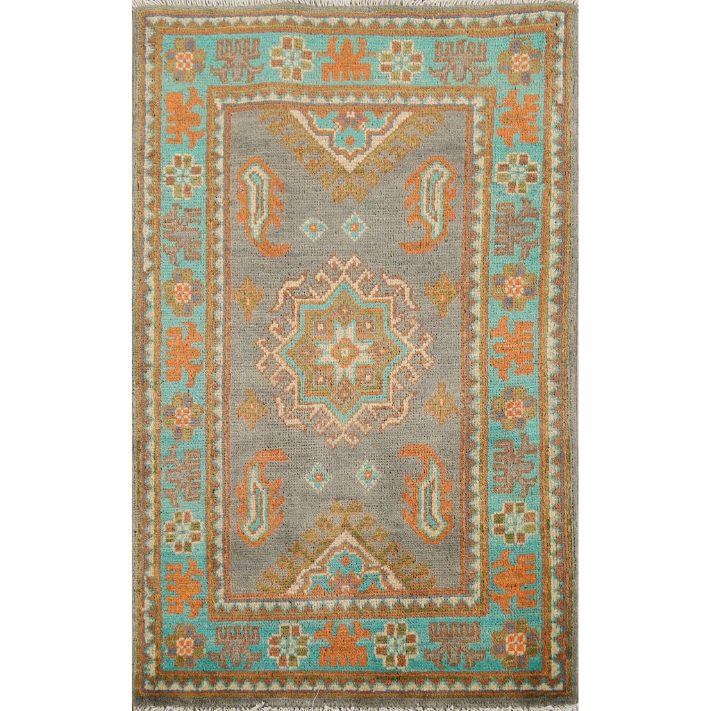 Gray Geometric Kazak Accent Rug Hand-Knotted Geometric Wool Carpet - 2'1"x 2'10"