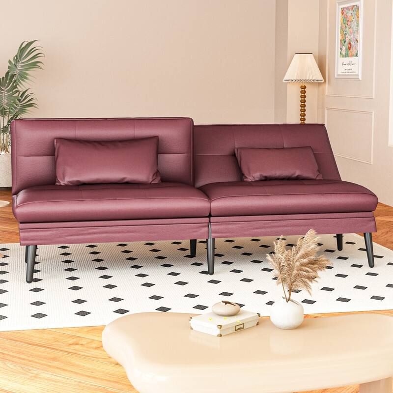 Grondin Convertible Futon Sofa Bed, 5-Angle Adjustable Backrest Sleeper Couch with 2 Pillows, Modern Style Recliner Lounge