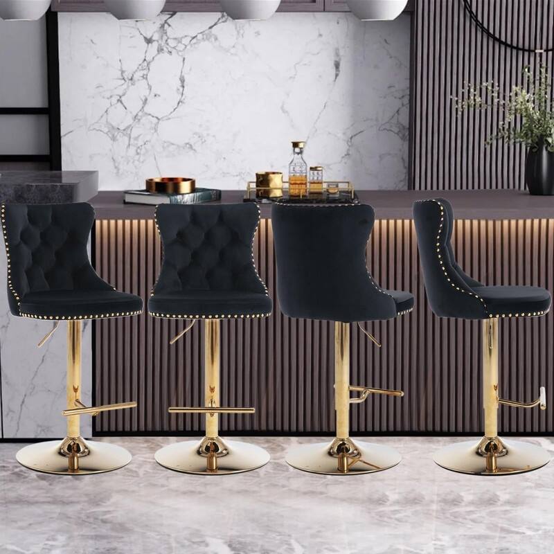 Velvet Upholstered Nailheads Tufted Swivel Bar Stools (Set of 6) - Black GoldBase Set of 4