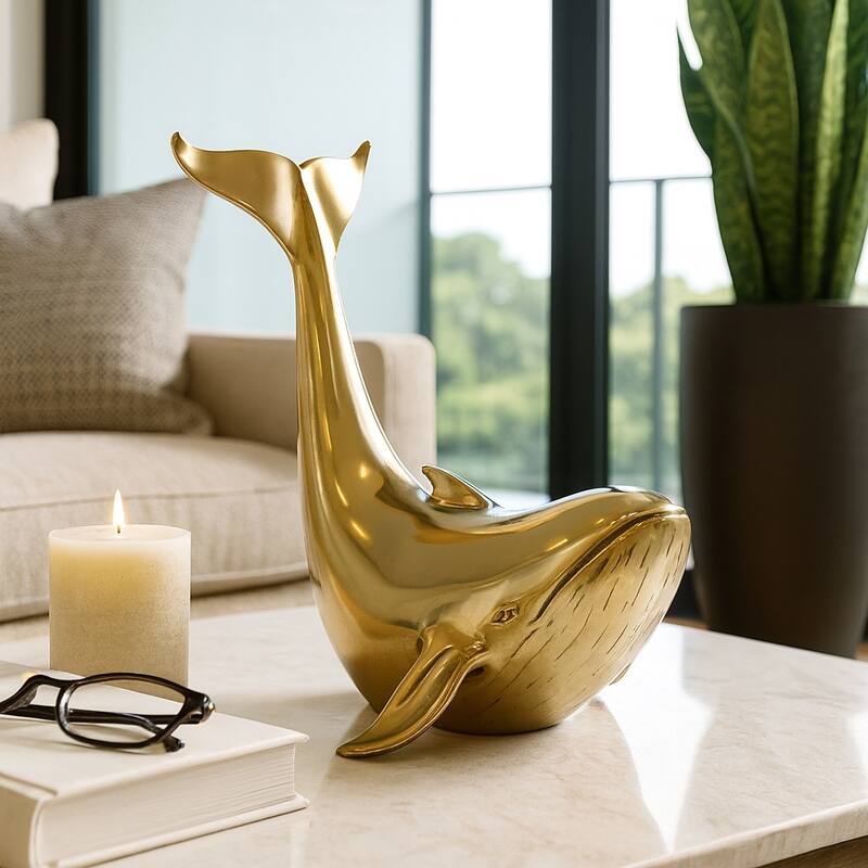 Metal Sculpture Whale Ocean-Inspired Decorative Figurine - 11" Gold - 8" x 7" x 11"
