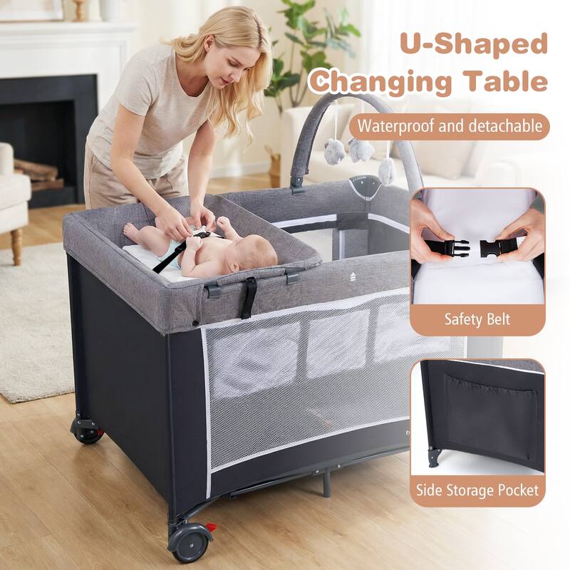 Gymax 3 in 1 Pack & Play w/ Toy Bar Diaper Changing Table w/ Safety