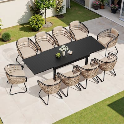 5/7/11-Piece Set Outdoor Extendable Patio Dining Table Set with Rattan Chairs