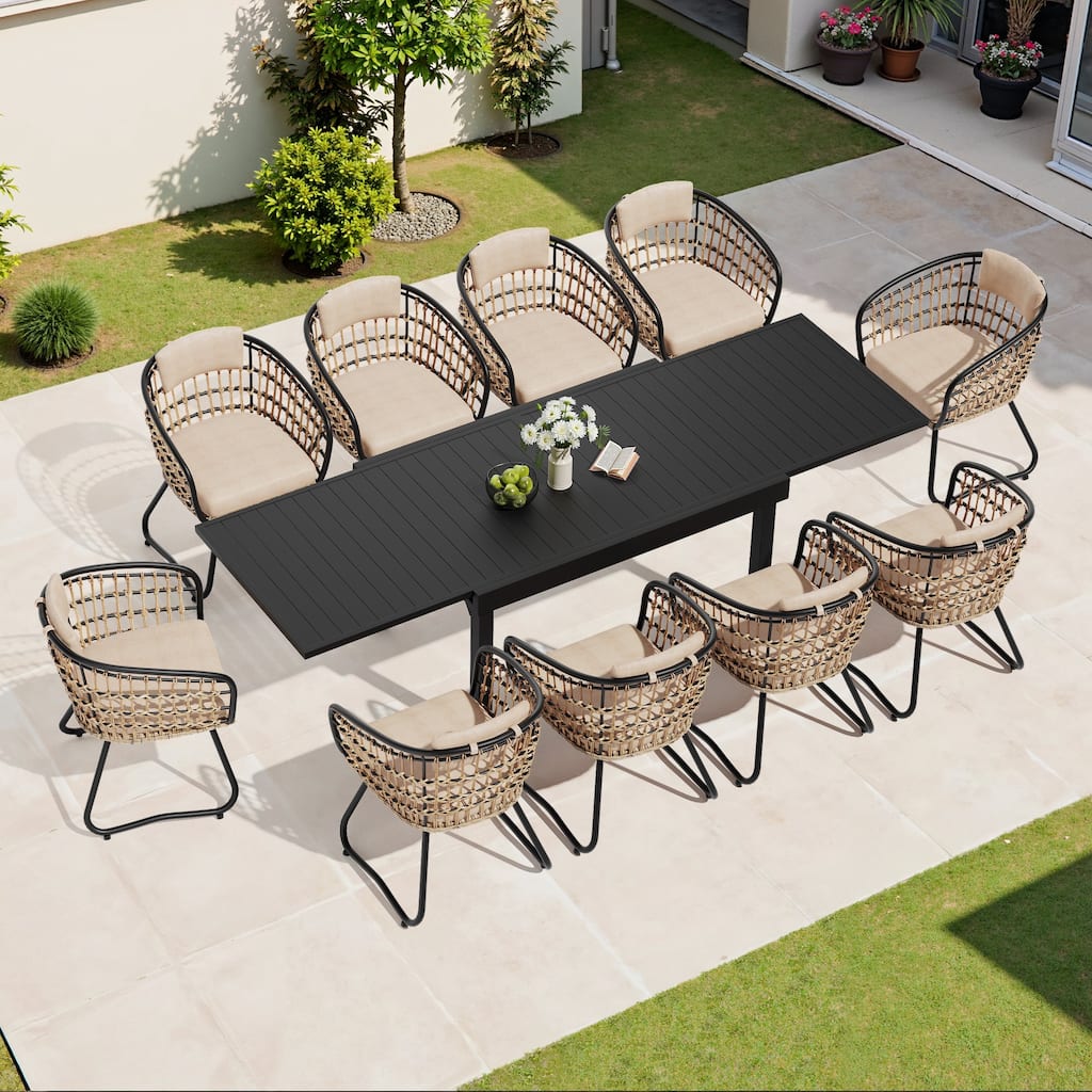 5/7/11-Piece Set Outdoor Extendable Patio Dining Table Set with Rattan Chairs