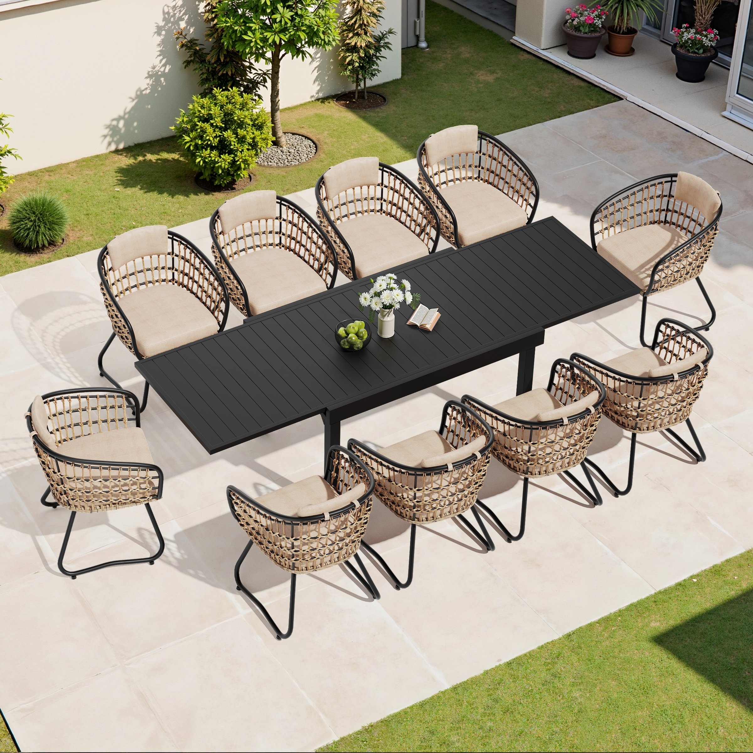 5/7/9/11-Piece Set Outdoor Aluminum Extendable Patio Dining Set Rectangle Table with Rattan Chairs