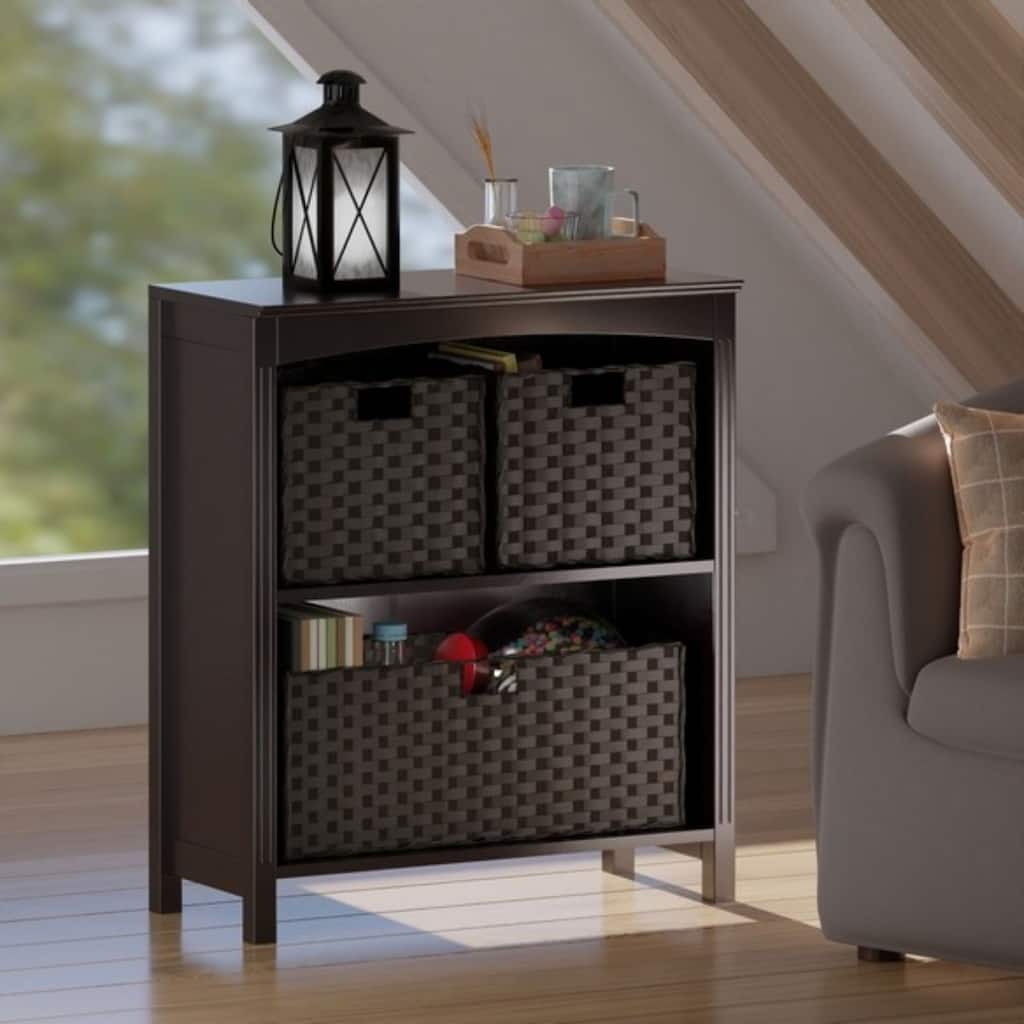 4 Pc Storage Shelf With 3 Foldable Woven Baskets 30" Walnut Chocolate