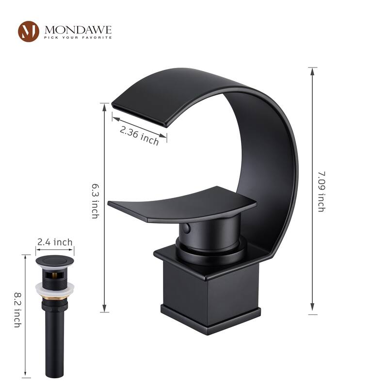 Mondawe Luxury C-Shape Arc Waterfall Spout Single Handle 8 inch Widespread Bathroom Sink Faucet With Pop-up Drain in Matte Black