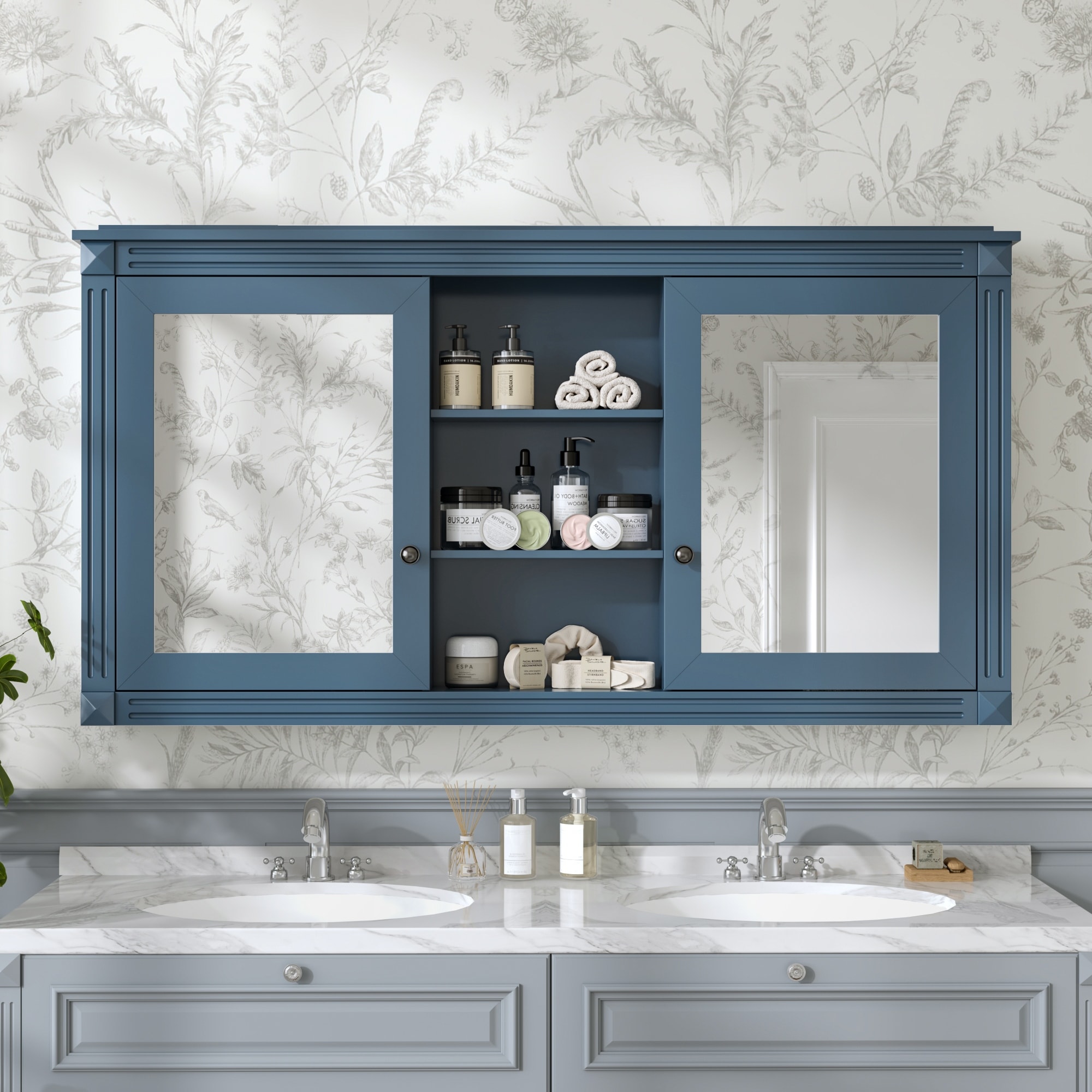 55" Wall-Mount 2-in-1 Mirror Cabinet with Adjustable Shelves & Soft-Closing Hinges, HD Bathroom Storage Organizer