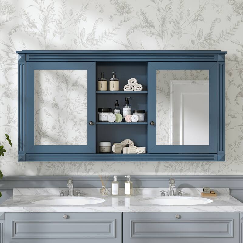 55" Wall-Mount 2-in-1 Mirror Cabinet with Adjustable Shelves & Soft-Closing Hinges, HD Bathroom Storage Organizer - Blue