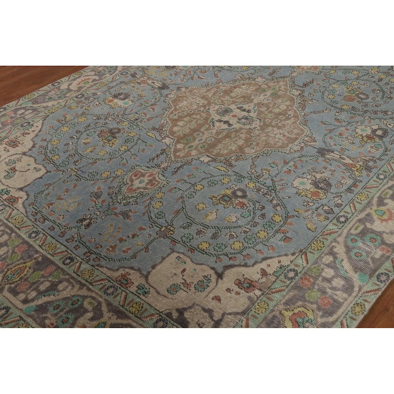 Light Blue Floral Tabriz Persian Rug Oriental Handmade Wool Carpet - 6'7"x 9'2"