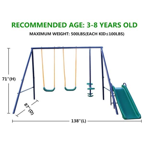dimension image slide 1 of 2, Outdoor Backyard Children Metal Swing Activity Set with Slide, Glider