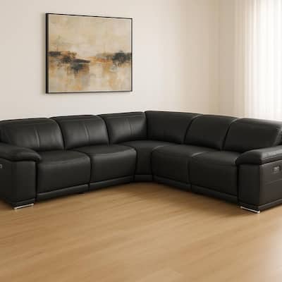 HomeRoots Black Italian Leather Modular L Shaped Five Piece Corner Sectional