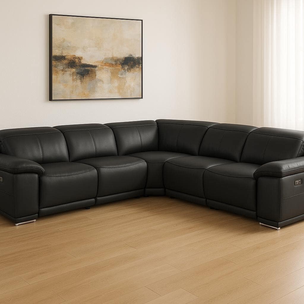 HomeRoots Black Italian Leather Modular L Shaped Five Piece Corner Sectional