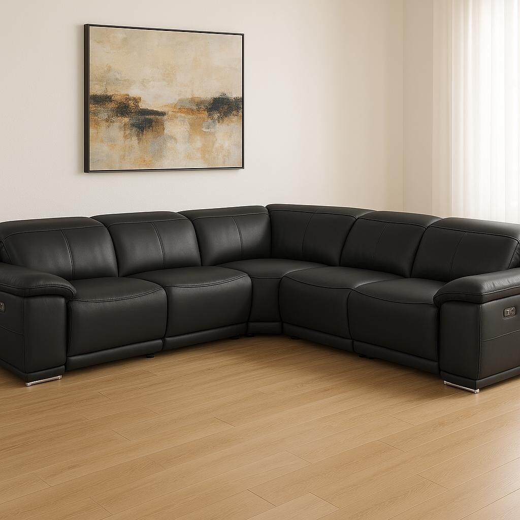HomeRoots Black Italian Leather Modular L Shaped Five Piece Corner Sectional
