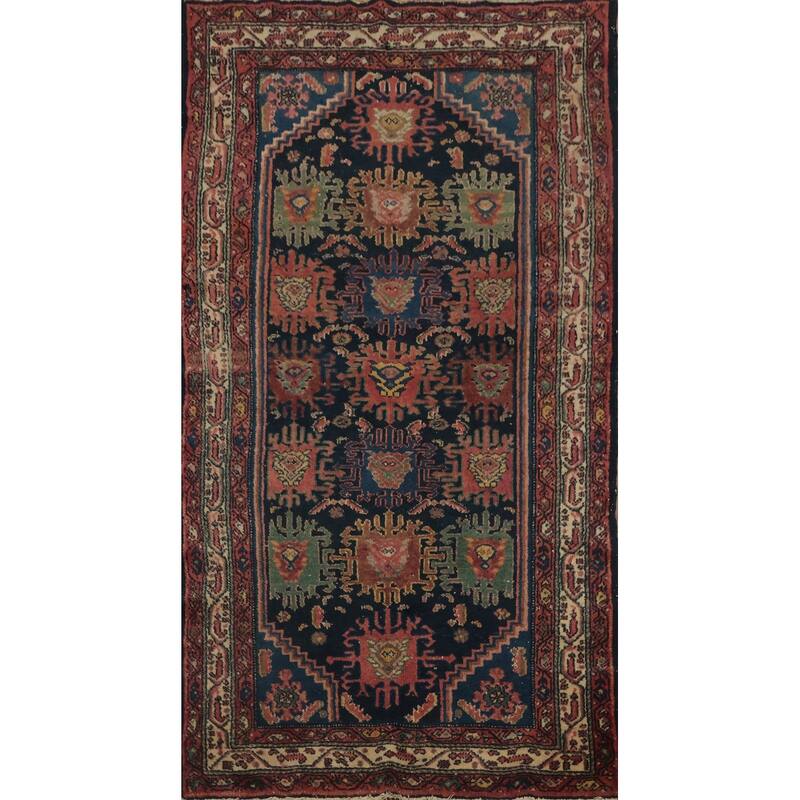 Hand Knotted Oriental 100% Wool Carpet Traditional Floral Navy Blue & Blues Malayer Runner Rug - 6' 6'' X 3' 5''
