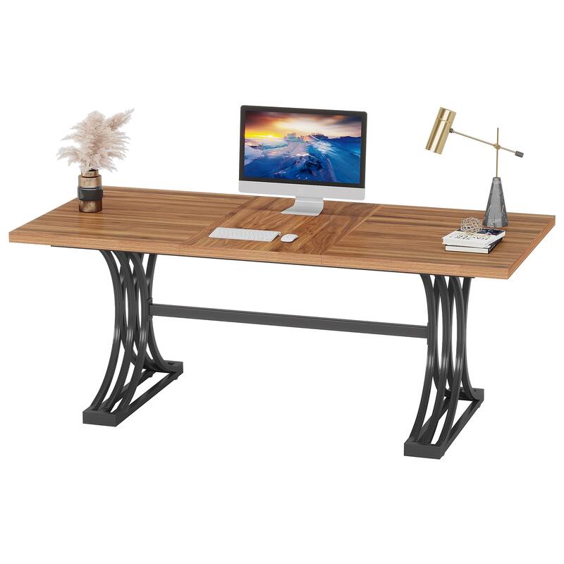 63" Large Rectangular Executive Desk, Wood Faux Marble Table, Business Computer Desk for Home Office