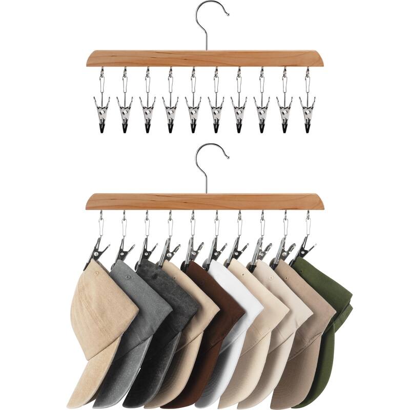2 Pack Hat Organizer for Closet, Cap Storage Rack with 10 Adjustable Stainless Steel Clips - 14"D x 7.5"W x 1.25"H - Natural Wood Color