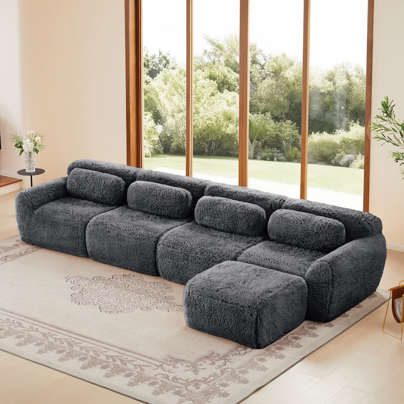 L-shaped Soft and Fluffy Plush Fabric,Modular Sectional Sofa Couches - Dark Grey