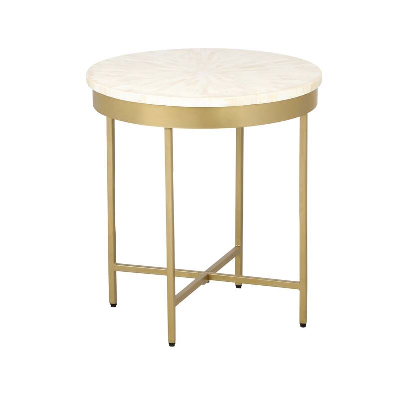 Sevita Alaric Round Bone Inlay and Gold Steel Cross-Leg End Table, 20" W x 22" H - 20" L x 20" W x 22" H