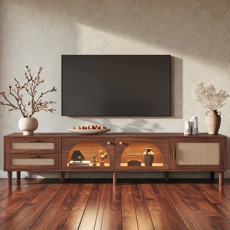 86" TV Stand for TVs up to 90", Modern Media Console with App-Controlled LED Lights, Rattan Doors, Drawers & Glass Storage
