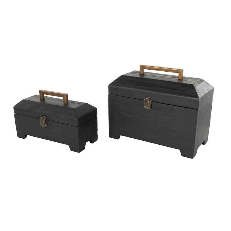 Black Wood Handmade Decorative Box with Brass Latches and Handle (Set of 2)