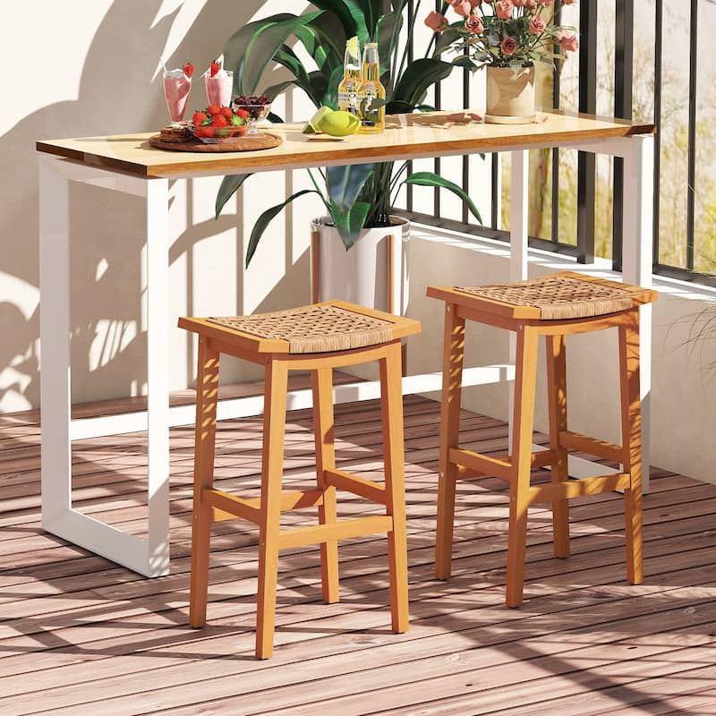 Natural Set of 2 Patio Acacia Wood Bar Stools with PE Rattan Saddle Seat for Deck or Balcony - Stool: 14" x 18" x 29"
