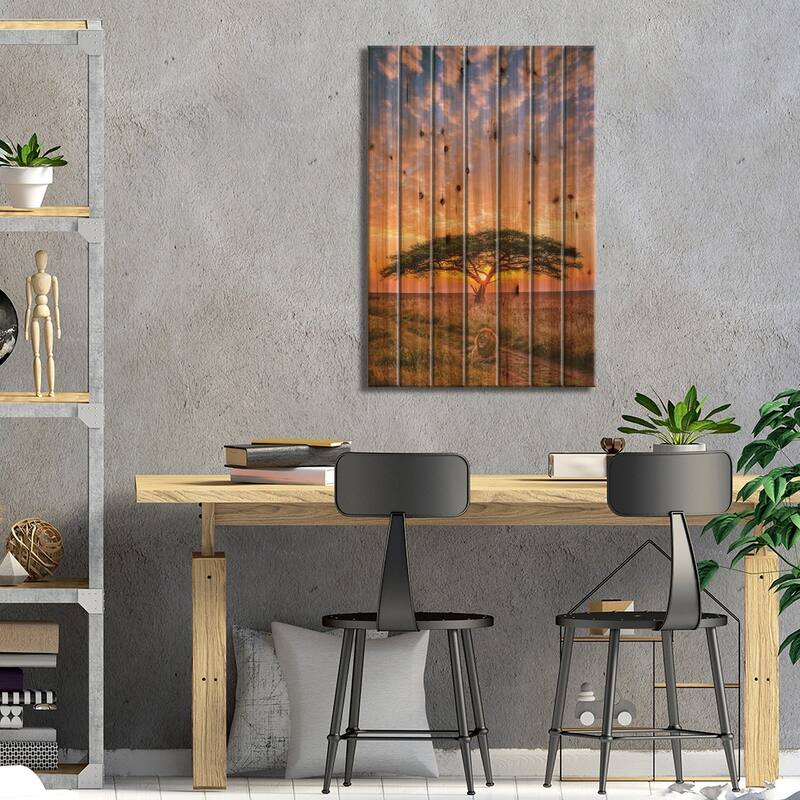 Africa Safari Sunset With Lion Portrait Print On Wood by Alex G Perez - Multi-Color