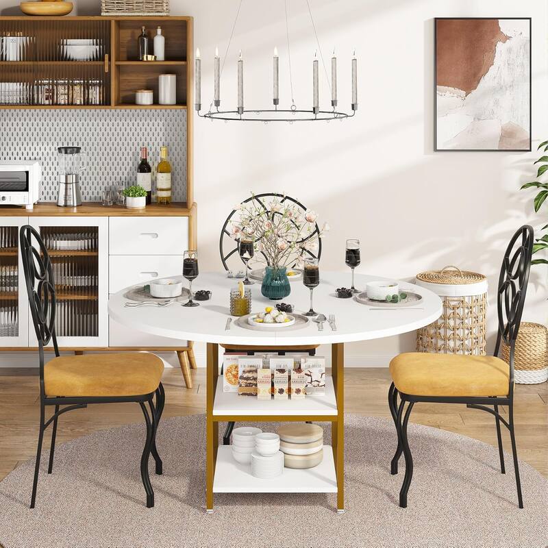 47-Inch Round Wood Dining Table for 4 With Storage Shelf Large Kitchen Table for Home Dining/Living Room