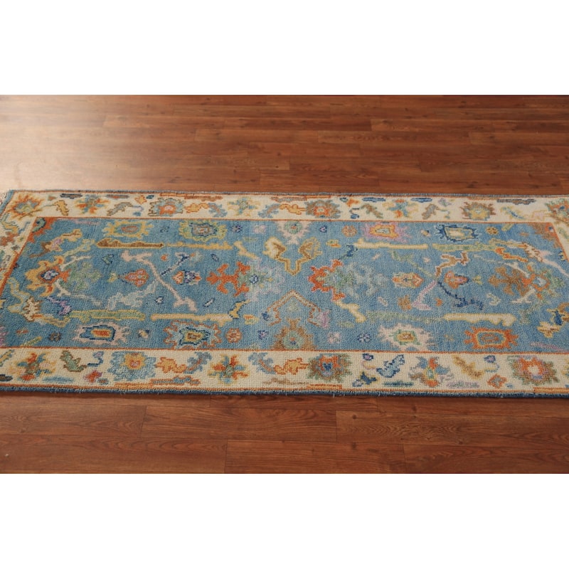 Light Blue & Ivory Oushak Indian Foyer Rug Hand-Knotted Wool Carpet - 2'6"x 6'1"