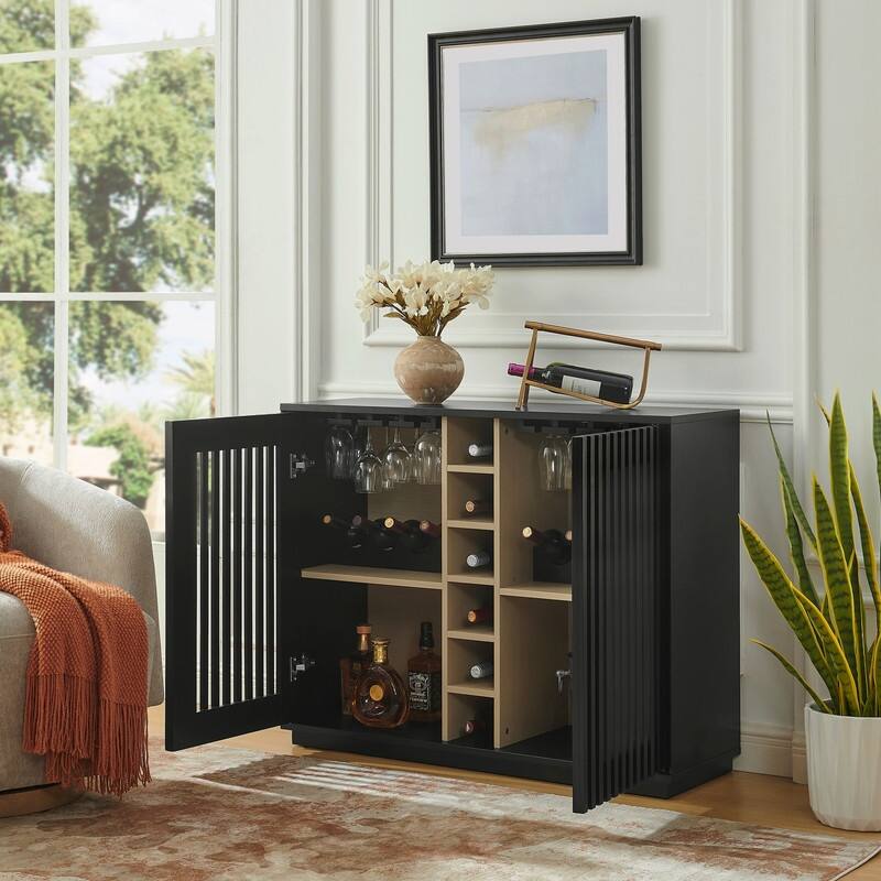 Mid Century Modern Fluted Buffet Cabinet with Wine Glass Holder and Wine Rack