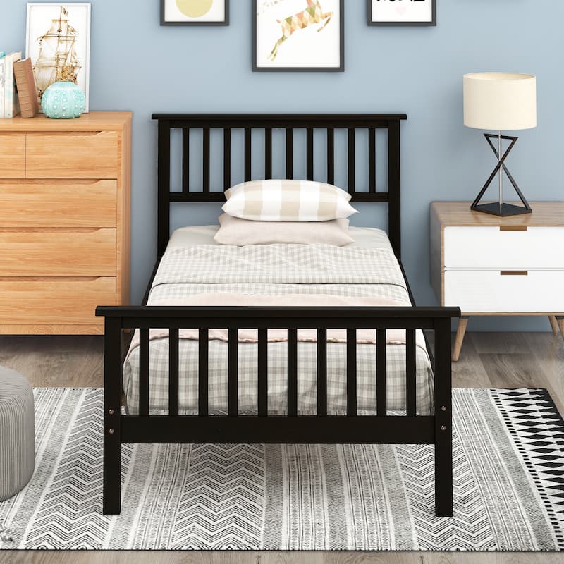 Twin Size Solid Wood Platform Bed with Headboard & Footboard
