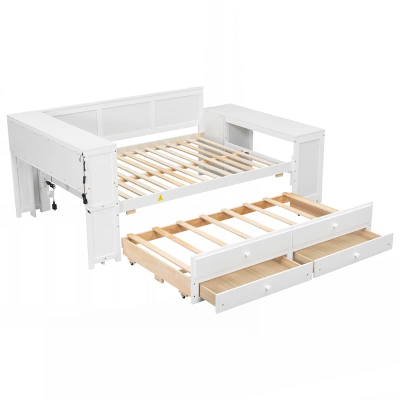 Full Size Daybed with Storage Shelves,Drawers,Trundle,Charging Station,LED Light