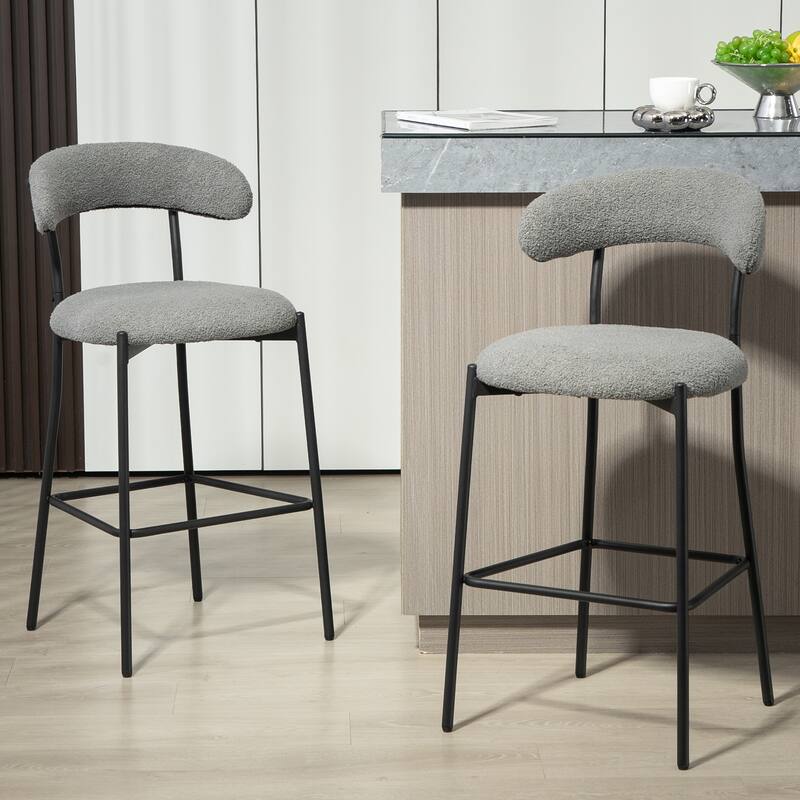 26'' Counter Height Bar Stools Teddy Fabric Cover Kitchen Island Counter Bar Stool with Black Powder Coating Base and Footrest - Grey