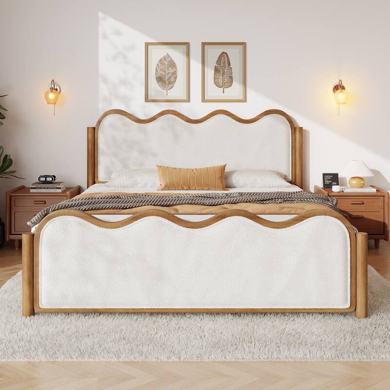 Christopher Knight Home - Modern Upholstered Boucle Bed Frame with Wooden Legs with Wavy Curved Headboard - Ivory,Walnut - Full