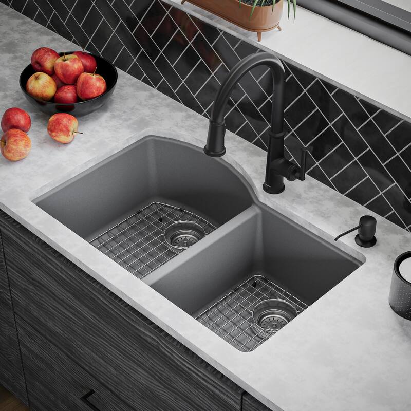 Karran Undermount Quartz 32 in. 60/40 Double Bowl Kitchen Sink Kit