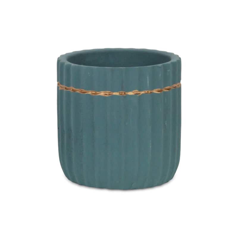 Aurine Round Gold Trimmed Ridged Ceramic Pot - Blue - Small