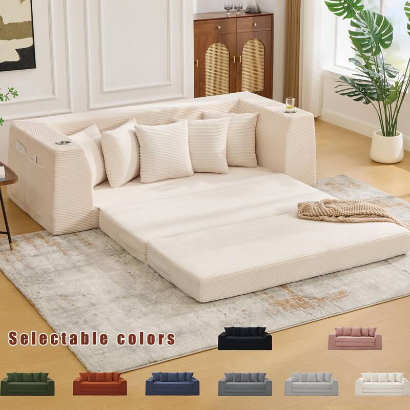 2 in 1 Convertible Sofa Bed, Sleeper Sofa with Storage Pockets, Pull Out Loveseat Couch with Two Cup Holders - Beige