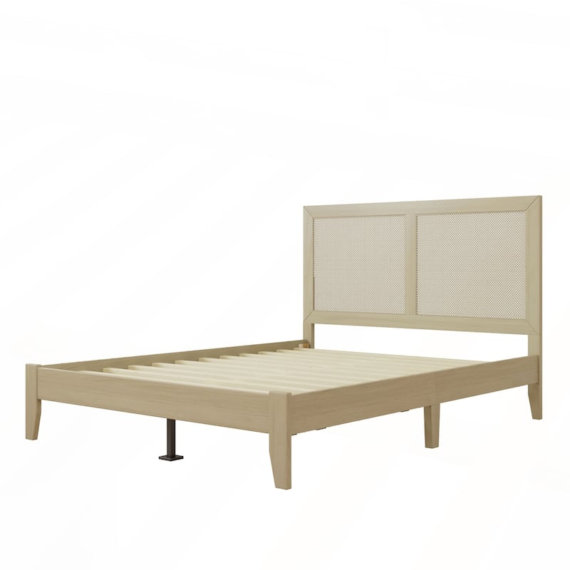 Solid Wood Platform Bed With Rattan