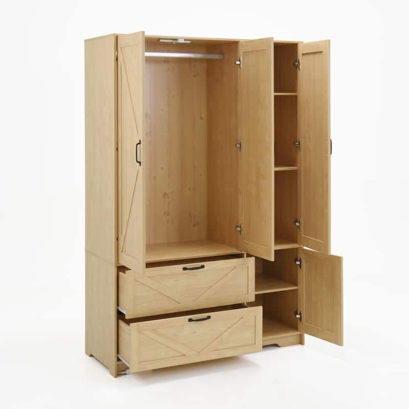 4-Door Wardrobe Closet with Mirror & LED Light, Wooden Storage Cabinet with Hanging Rod & Adjustable Shelves